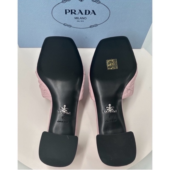 Prada Crinkled Leather Block-Heel Slip on Logo Mules Sandals size 8 Pale Pink - Picture 11 of 12
